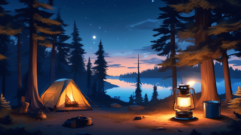 Create an enchanting digital artwork of a serene campsite at twilight, featuring an array of essential camping gear neatly laid out: a glowing lantern, a sturdy backpack, a compact tent, a sleeping ba