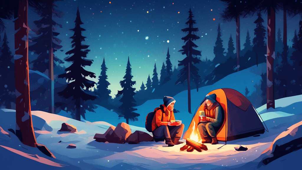 An illustration of two campers sharing a warm drink beside a tent in a snowy forest under a starry night sky, with a cozy campfire and backpacks nearby.