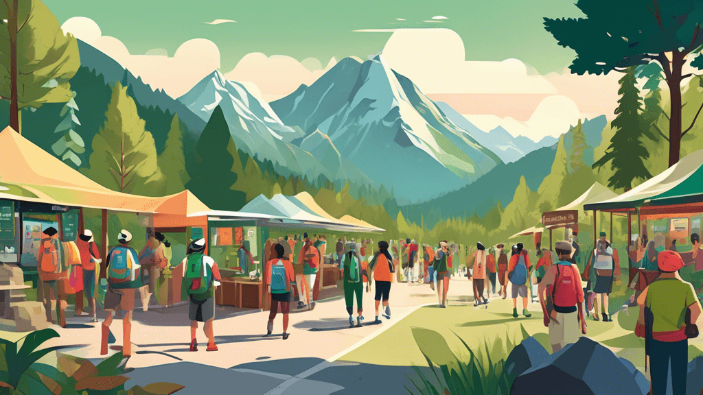 Digital artwork of a bustling trailhead with diverse groups of people preparing for a hike, featuring modern amenities like digital information kiosks, eco-friendly travel gear shops, and interactive