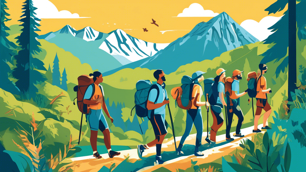 Create an illustration showing a diverse group of hikers trekking through a scenic trail in a lush, vibrant forest. They are wearing matching t-shirts with an inspirational logo and carrying eco-frien