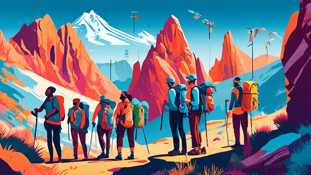 A picturesque scene of diverse hikers with various gear standing at the trailhead of an iconic mountain trail, with informational signs displaying symbols for different costs and experiences, under a