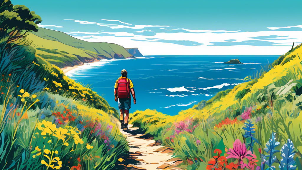 An artistic rendering of a hiker with a backpack, walking along the Cape to Cape Track in Australia, showcasing vibrant wildflowers, lush green coastal scenery, and the deep blue ocean in the backgrou