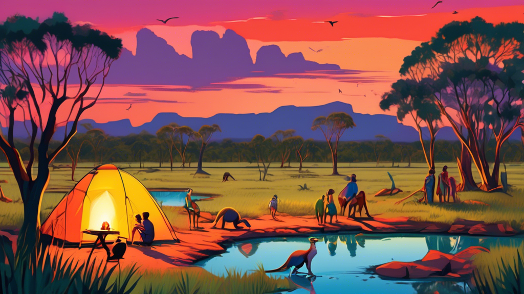 An enchanted evening scene showing a small family setting up a campsite near a billabong in Kakadu National Park, with native Australian wildlife such as kangaroos and colorful parrots visible, and th