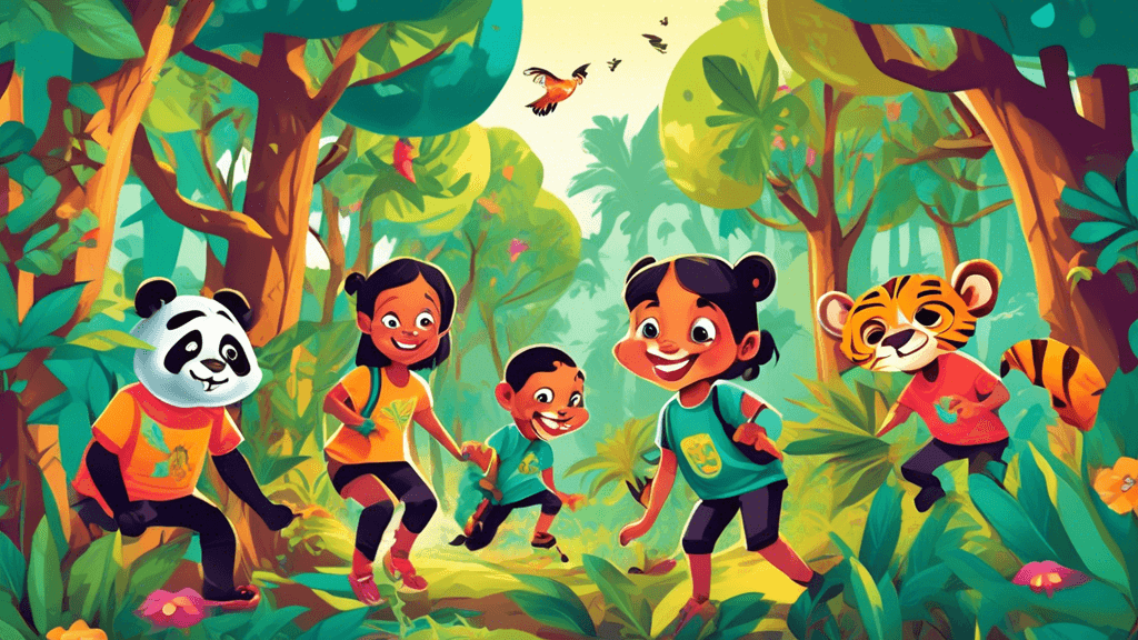A group of children exploring a lush forest, wearing vibrant, animal-themed vegan t-shirts, with designs like pandas, tigers, and monkeys, engaging in fun activities like climbing trees and following