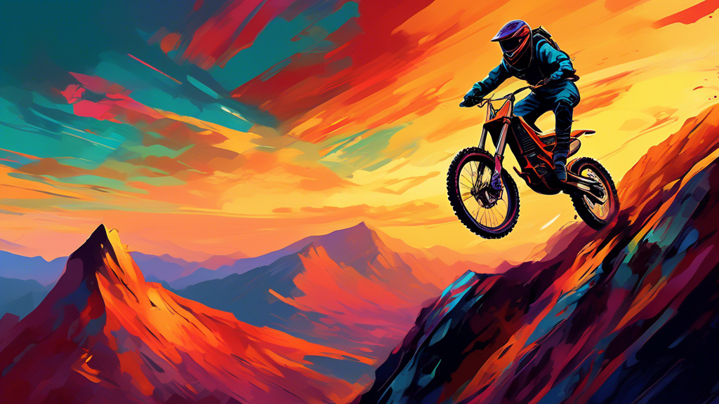 An adrenaline-fueled digital painting of a freeride biker executing a dramatic jump over a rugged mountain landscape at sunset, capturing the dynamic motion and intense focus of the rider in vibrant c