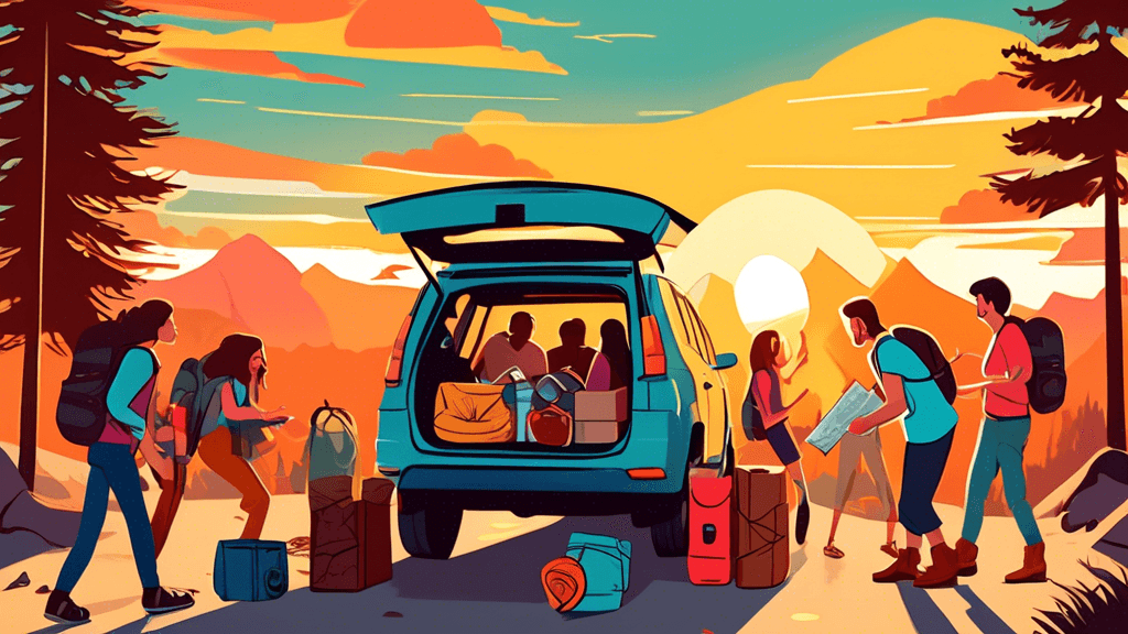 An excited group of friends quickly packing camping gear into a car at sunset, surrounded by scattered maps, a tent, hiking boots, and a cooler, in a suburban driveway.