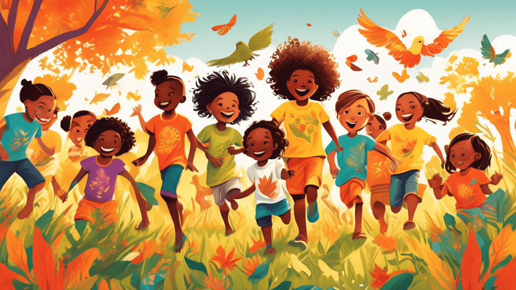 An array of cheerful children of diverse ethnicities, playing in a sunlit meadow, each wearing vibrant, organic cotton t-shirts with intricate nature-inspired designs like leaves, trees, and animals.