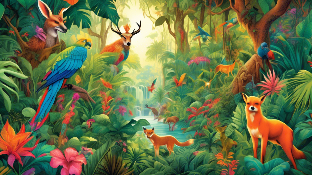 A vivid and detailed depiction of a bustling tropical rainforest, showcasing a diverse array of animals including a colorful parrot, a sly fox, and a majestic deer, all coexisting peacefully amidst lu