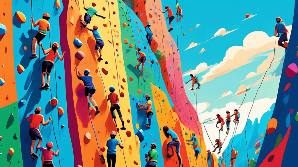 A vibrant digital painting of a diverse group of people of various ages and ethnicities climbing an immense, colorful climbing wall that seamlessly blends into a stunning, surreal landscape in the bac