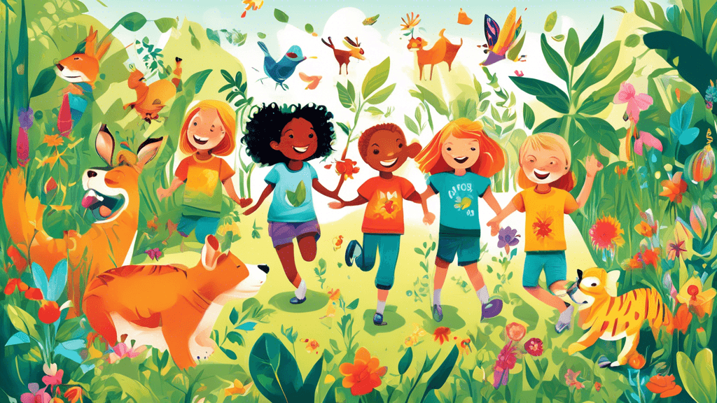 A whimsical illustration of children joyfully playing in a lush, vibrant garden, wearing colorful organic and vegan t-shirts, surrounded by friendly animals and plants, showcasing the eco-friendly and