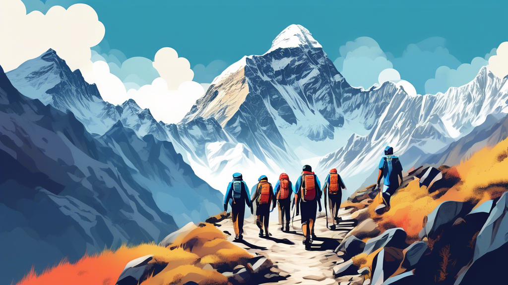 An illustrated digital artwork capturing a group of diverse hikers equipped with trekking gear, walking along a winding trail towards Everest Base Camp in Nepal, surrounded by majestic mountain landsc