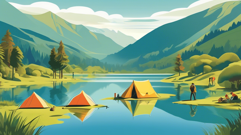 Serene landscape of a popular Department of Conservation campsite in New Zealand, featuring campers setting up tents beside a calm lake, surrounded by lush green forests and distant misty mountains un