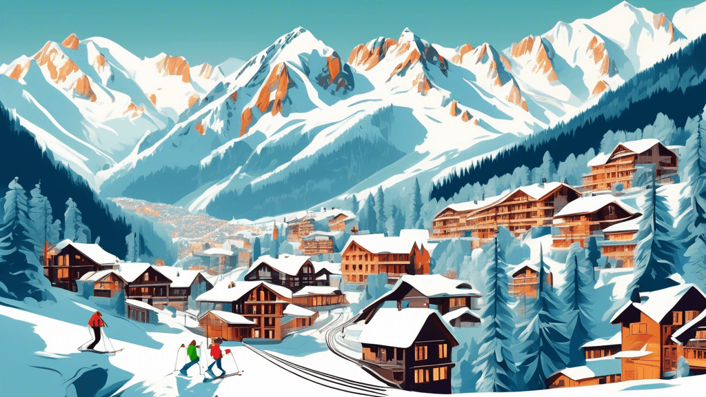 An idyllic winter landscape depicting two contrasting ski resorts: on one side, Aspen with its luxurious lodges and stylish skiers; on the other, Chamonix surrounded by dramatic alpine peaks and avid