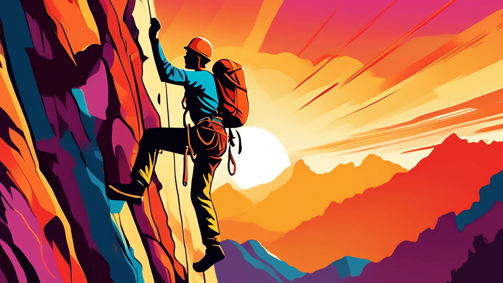A dynamic image of a person with a broad smile, wearing colorful gear, scaling a towering, rugged cliff with a breathtaking sunset as the backdrop, visually capturing the thrill and adventure of rock