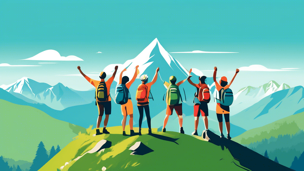 An enthusiastic group of beginner hikers with diverse backgrounds cheerfully reaching the summit of a scenic, lush green mountain under a clear blue sky, with guidebooks and hiking gear in hand, surro