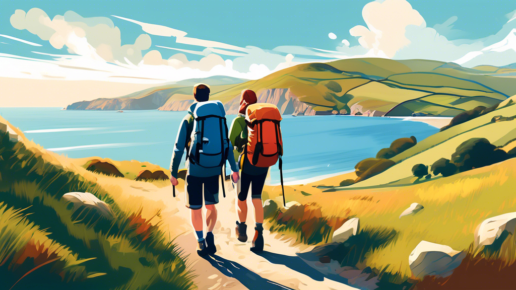 Digital painting of a couple wearing hiking gear and backpacks, exploring a picturesque trail on the Coast to Coast Walk in England, showcasing diverse landscapes including rolling hills, small quaint