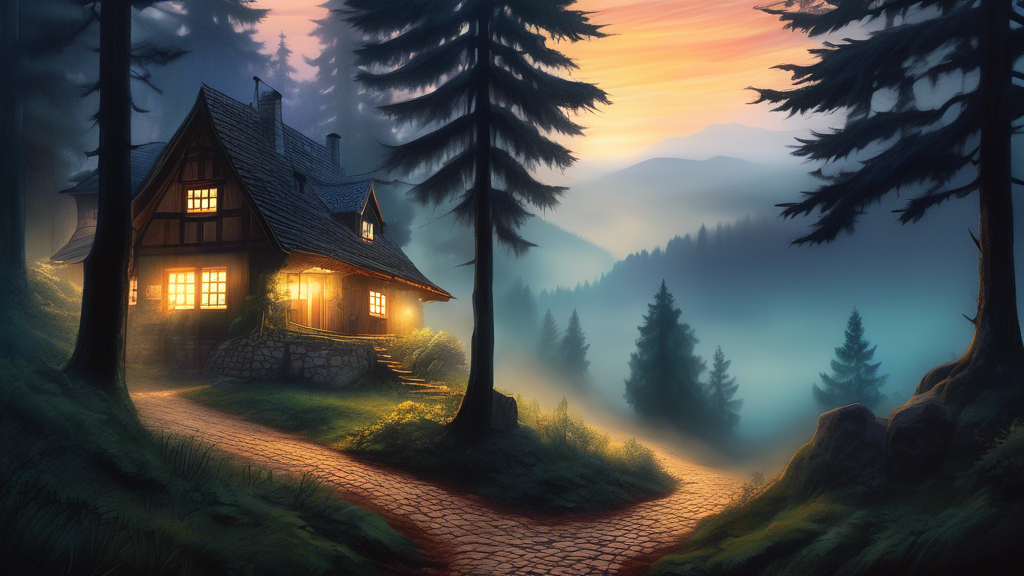 An enchanting twilight view of the Black Forest in Germany, depicting dense, misty woods with ancient, towering pine trees, a small cobblestone path winding through the forest, and faint rays of sun p