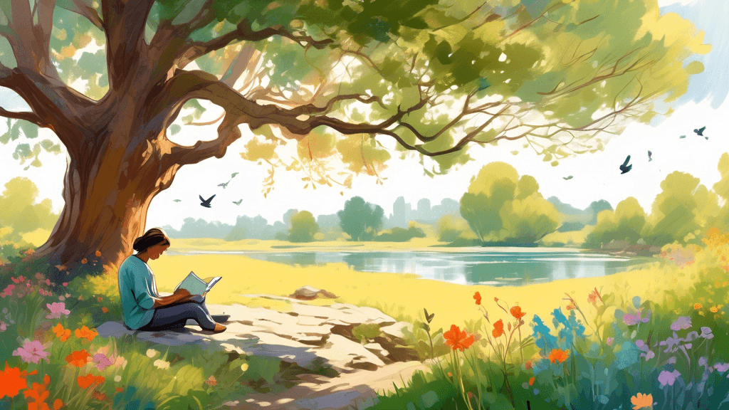 Serene landscape with a person sitting under a large oak tree, sketching in a notebook, surrounded by lush greenery, colorful wildflowers, and a gentle stream, with birds in the background and soft af
