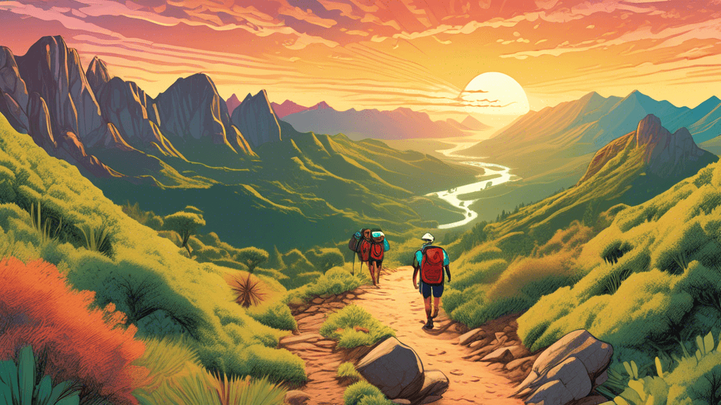 An enchanting, panoramic view of a diverse range of world trails winding through various landscapes, featuring a lush, green forest trail, a stark, rocky mountain pass, an arid desert path, and a vibr