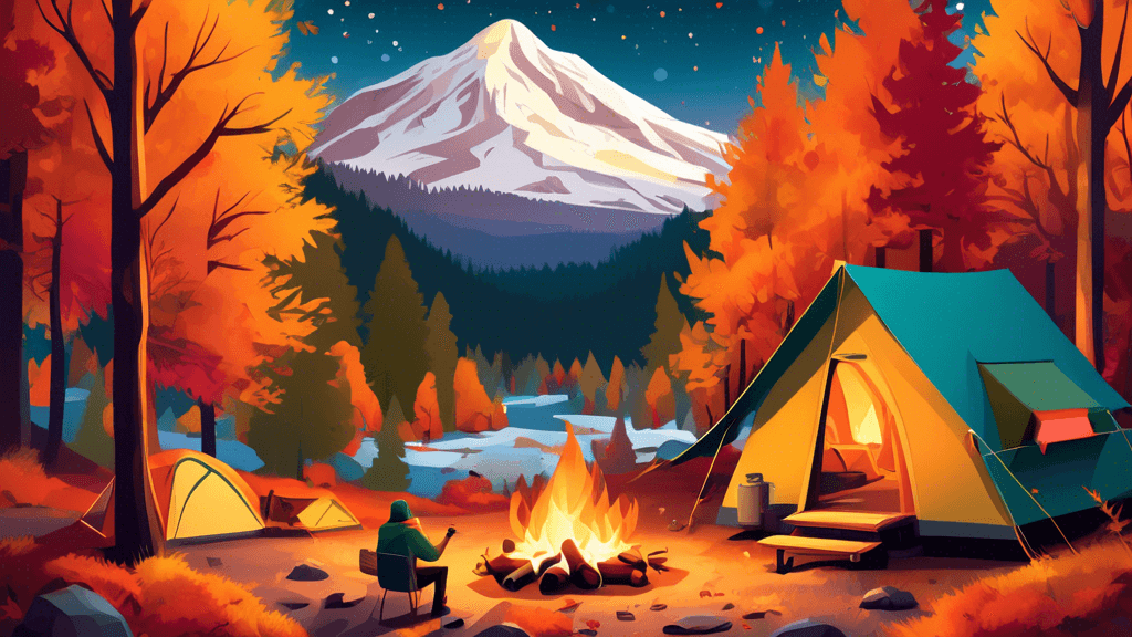 An enchanting scene of a cozy campsite nestled in the colorful autumn forests of Oregon with a light dusting of snow, featuring campers enjoying a warm campfire, surrounded by tents equipped for cold