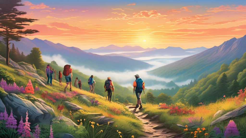 A breathtaking panoramic view of a sunrise over the Appalachian Trail, showcasing diverse hikers of different ages and backgrounds enjoying the lush, vibrant scenery, with mist rolling over distant mo