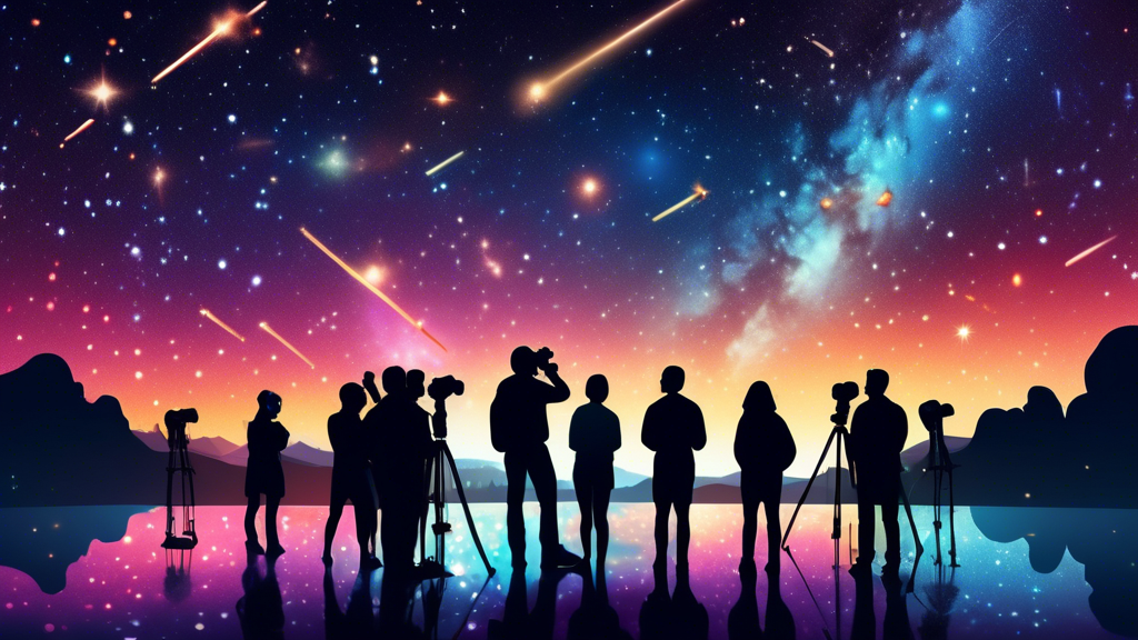 A stunning panorama of a dark, clear night sky filled with glittering stars, vibrant constellations, and a luminous Milky Way, with a group of people silhouetted against the backdrop, looking through