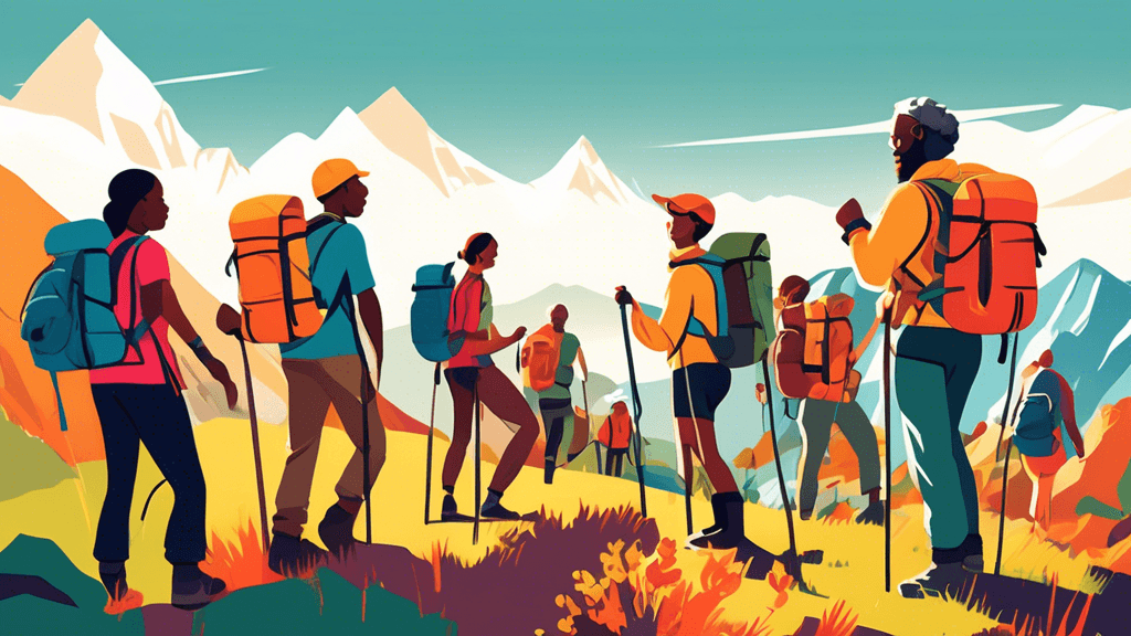 An illustrated digital artwork showing a diverse group of hikers of various ages and backgrounds, enthusiastically packing essential hiking gear into their backpacks amidst a scenic mountainous backdr