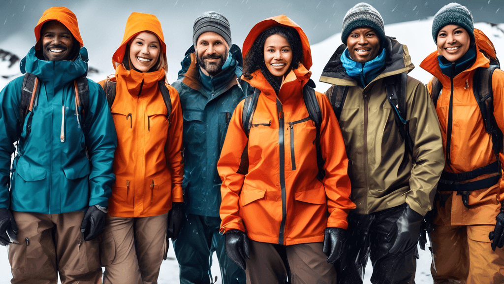 Create a vibrant and detailed image of a group of diverse people (men and women of different ethnicities), each dressed in various types of outdoor clothing suited for different environments: one in a