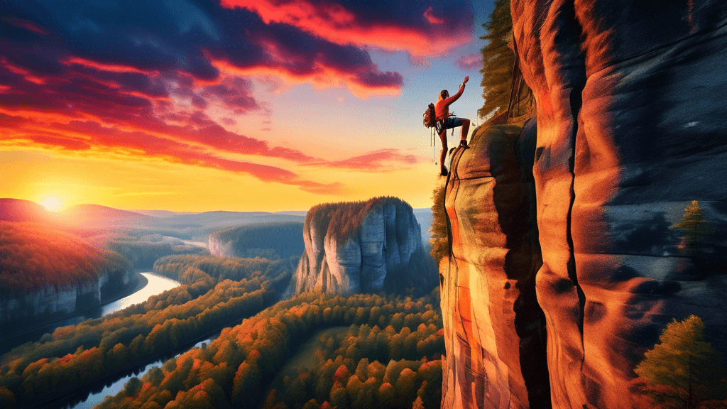 A daring rock climber scaling the dramatic cliffs of the Saxon Switzerland National Park in Germany, with a breathtaking sunset illuminating the rugged landscape in vibrant colors.