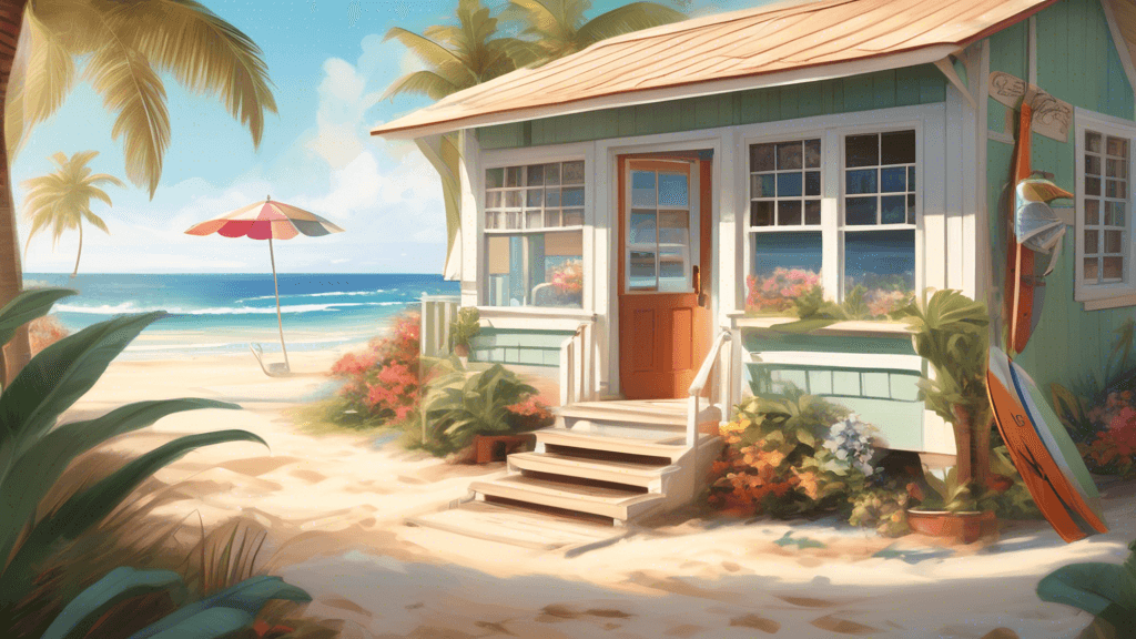 Create a vibrant and serene digital artwork of a cozy beach cottage with open windows revealing a bright, airy interior. The scene is set on a sunny afternoon with the ocean in the background. Include