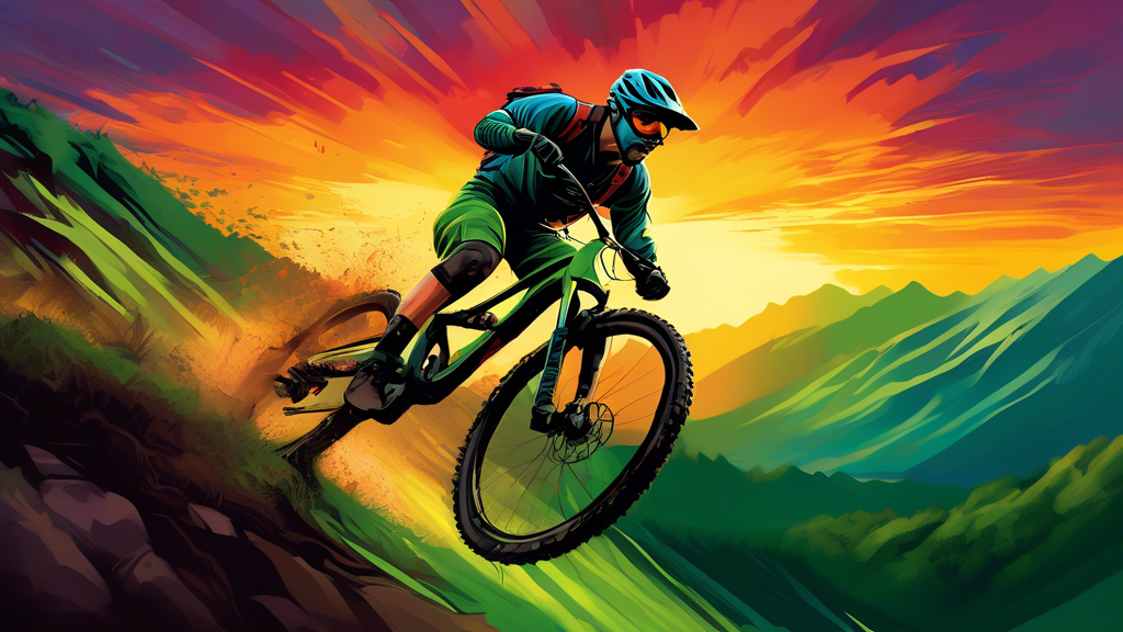 An adrenaline-packed digital painting of a mountain biker skillfully maneuvering a narrow trail on a steep, lush green mountain, with a breathtaking sunset in the background, highlighting the dynamic