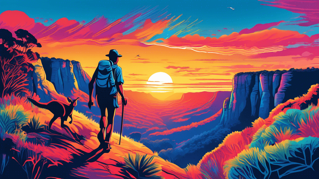 Create an image of a person hiking in the breathtaking Blue Mountains during a vibrant sunset, with kangaroos visible in the background and an aerial view of the Great Barrier Reef visible in the dist