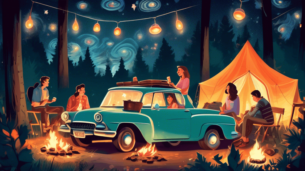 An enchanting scene of friends gathered around a campfire at night, with tents pitched beside a vintage car in a lush forest under a starry sky, enjoying marshmallows and laughter, with soft lantern l