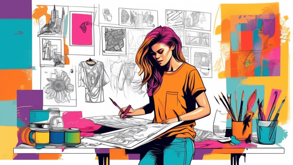 An artist sketching a variety of innovative and stylish graphic tee designs on a mood board, filled with vibrant colors and urban-inspired elements, in a bright, trendy studio environment.