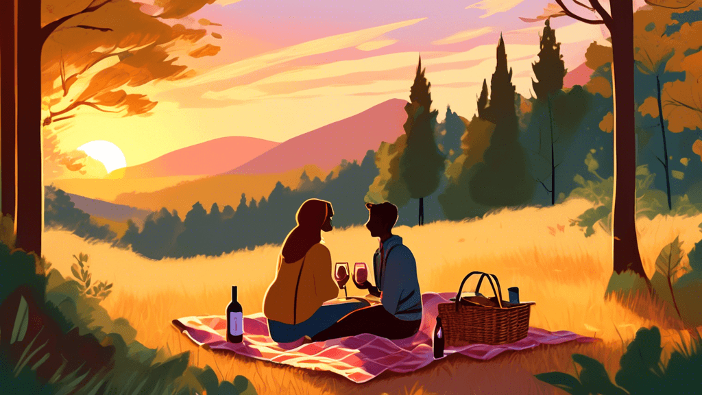 A romantic setting on a forest trail at sunset, with a couple hiking and enjoying a scenic view, featuring a picnic setup with a blanket, wine, and a basket, surrounded by lush greenery and soft golde