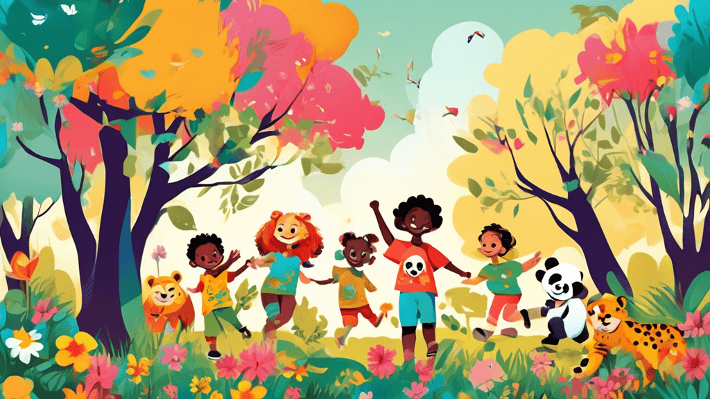 A cheerful forest scene with a group of young children wearing colorful t-shirts with animal prints, such as lions, elephants, and pandas, playing among trees and flowers under a bright sky, promoting