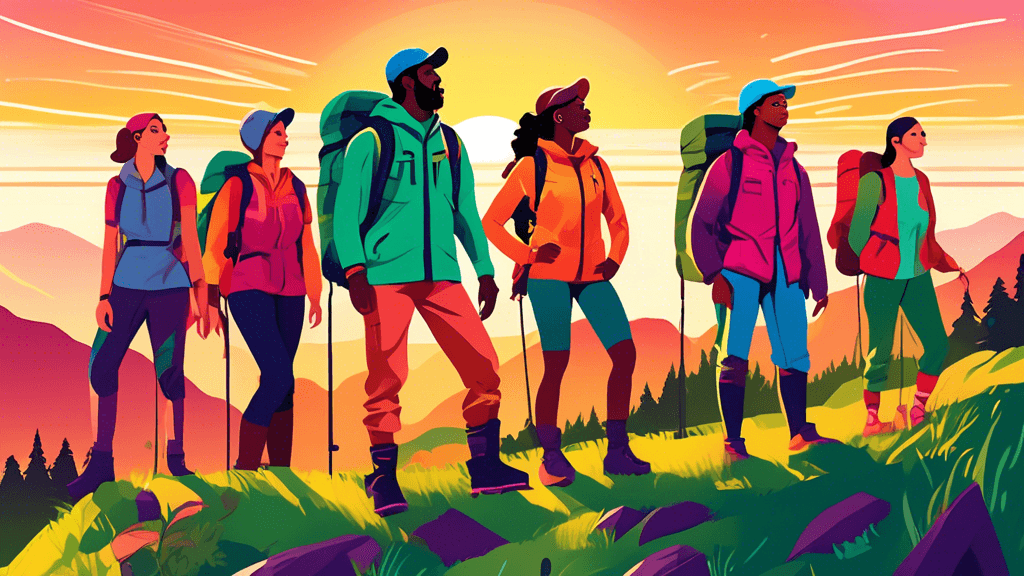 A group of diverse hikers in sustainable, colorful outdoor clothing made from recycled materials, standing on a scenic mountain peak, with the sunset and vibrant, lush greenery in the background.