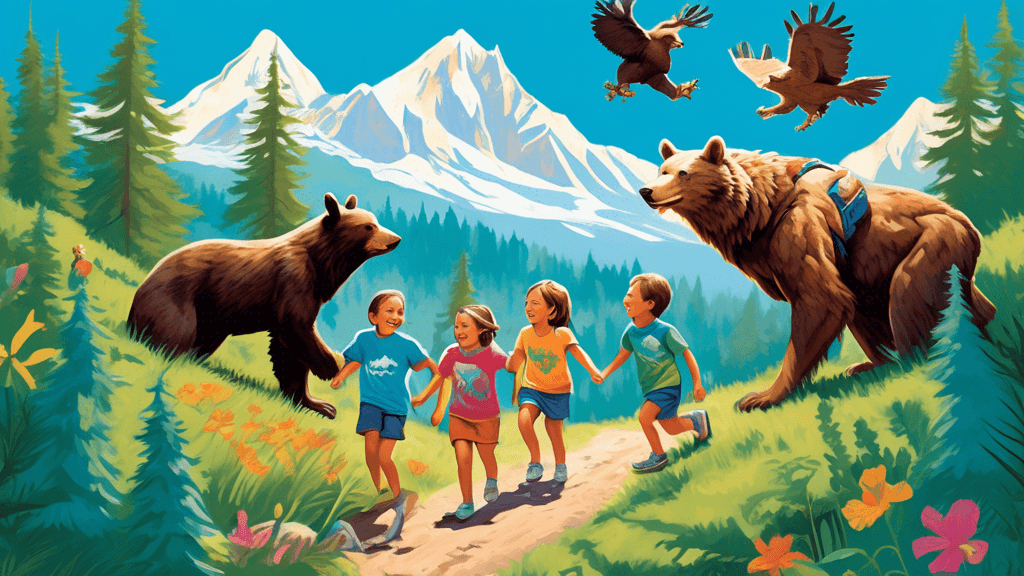 Create an image of a whimsical outdoor scene where a family of four, each wearing a colorful t-shirt featuring different animal designs (bear, eagle, wolf, and rabbit), are joyfully hiking through a l
