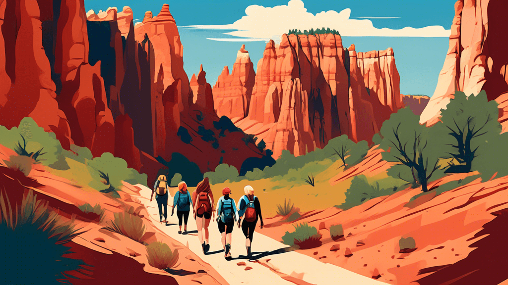 Digital artwork of a diverse group of women hiking together through the stunning, colorful landscapes of Zion and Bryce Canyon, with towering red rock formations and lush greenery under a clear blue s