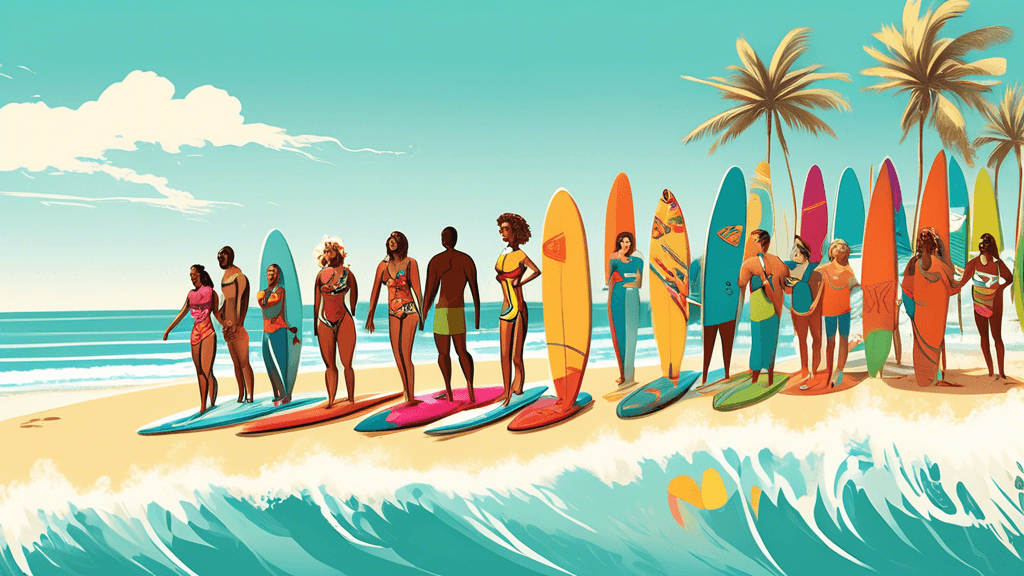 An illustrated scene on a sunny beach depicting a diverse group of people in colorful surfwear, enthusiastically learning different surfing techniques from a professional instructor, with vibrant surf