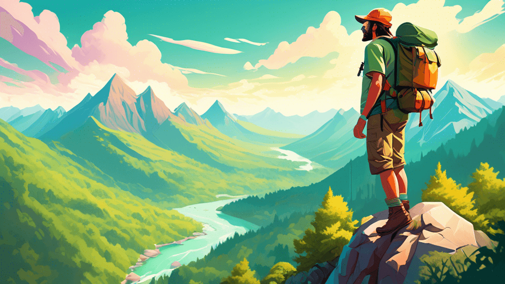 An intrepid explorer standing on a verdant mountain peak, overlooking a sprawling, untouched wilderness with a crystal-clear river winding through lush forests under a bright morning sky, equipped wit
