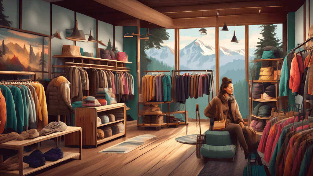 Digital artwork depicting a cozy, rustic retail store filled with shoppers exploring racks of stylish, outdoor clothing from the latest collection at Trail Threads Co., surrounded by decor featuring m