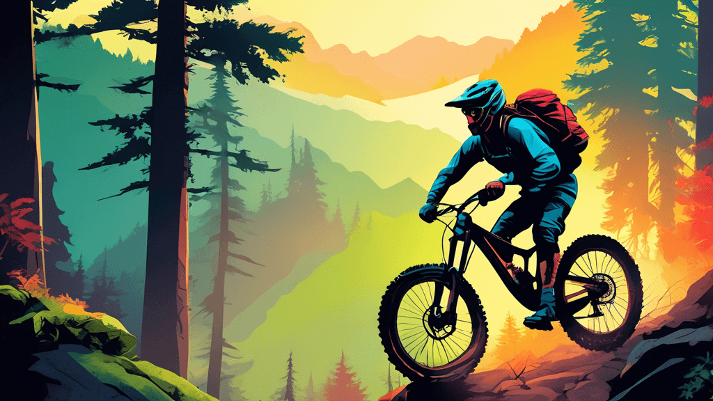 An adrenaline-pumping scene of a mountain biker, equipped with full gear, skillfully navigating a rugged, rocky trail amidst a lush, misty forest mountain landscape at sunrise.