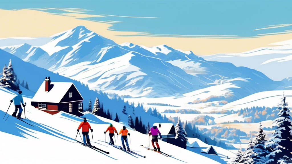 A picturesque winter scene depicting a group of skiers descending a snow-covered slope in the Scottish Highlands, with cozy ski lodges nestled at the base of the mountain and a clear blue sky above.