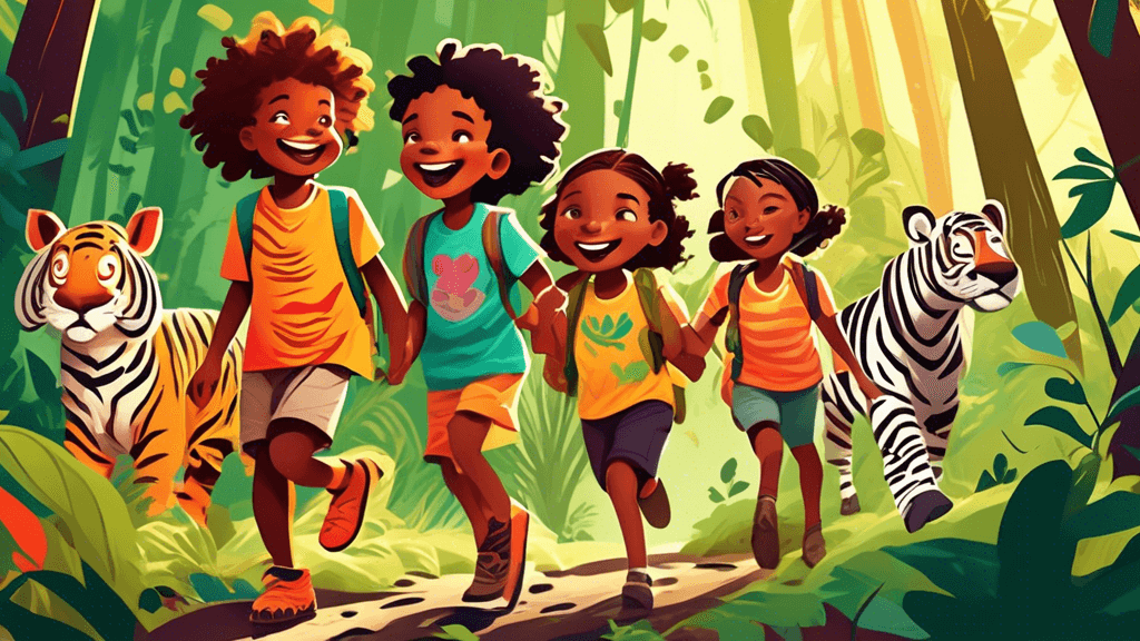 Group of diverse children happily hiking through a lush green forest, wearing colorful, ethically made apparel featuring vibrant animal prints like tigers and zebras, observed by real animals in a pea
