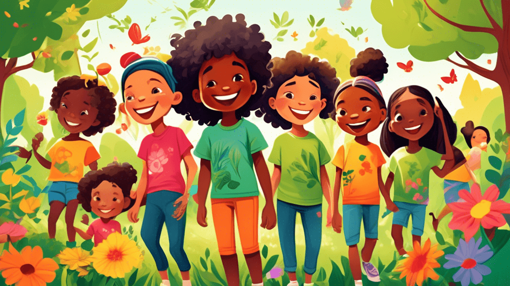 A vibrant, playful illustration of diverse children of different ethnicities, joyfully wearing colorful organic and vegan t-shirts while playing in a lush, green park with flowers and trees, subtly em