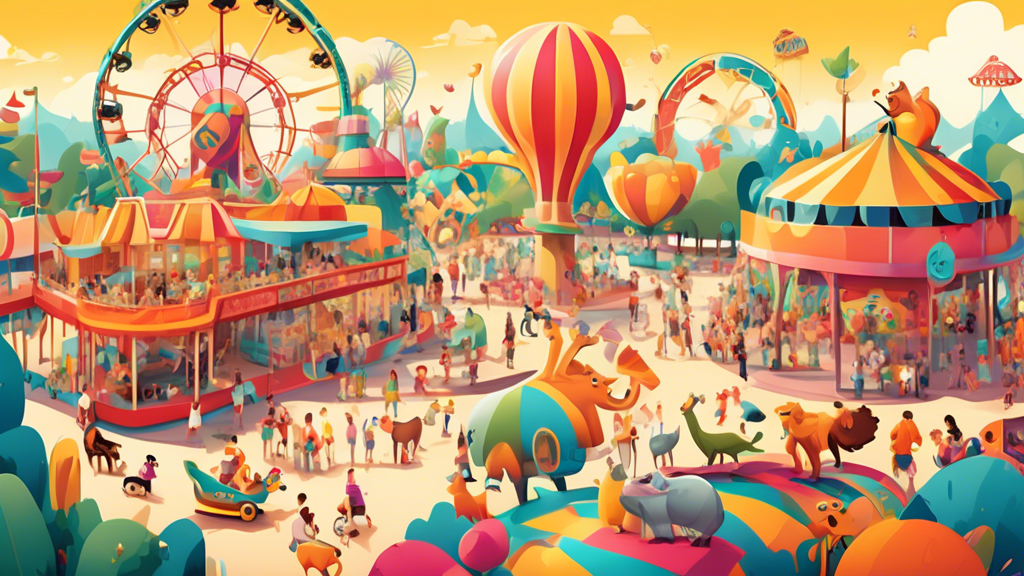 Digital illustration of a vibrant, whimsical theme park with rides and attractions shaped like various animals, bustling with diverse families enjoying their day under a bright, sunny sky.
