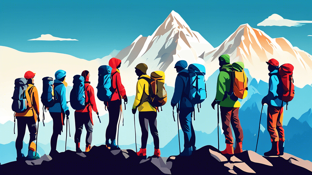 Create an image of a diverse group of hikers wearing various essential mountain climbing gear such as waterproof jackets, hiking boots, and backpacks, standing on a rocky mountain top with panoramic v