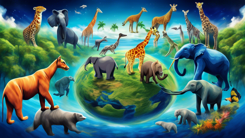 An evocative digital painting of a diverse group of endangered animals standing together on a vibrant, healthy planet Earth, viewed from space, with lush green forests, deep blue oceans, and scattered