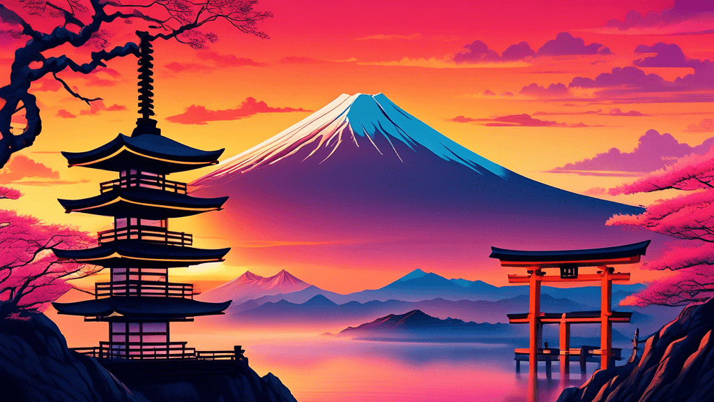 A daring cliff climber overlooking the majestic Mount Fuji at sunrise, capturing a panoramic view of the volcanic landscape below, with vibrant colors illuminating the sky and traditional Japanese tor